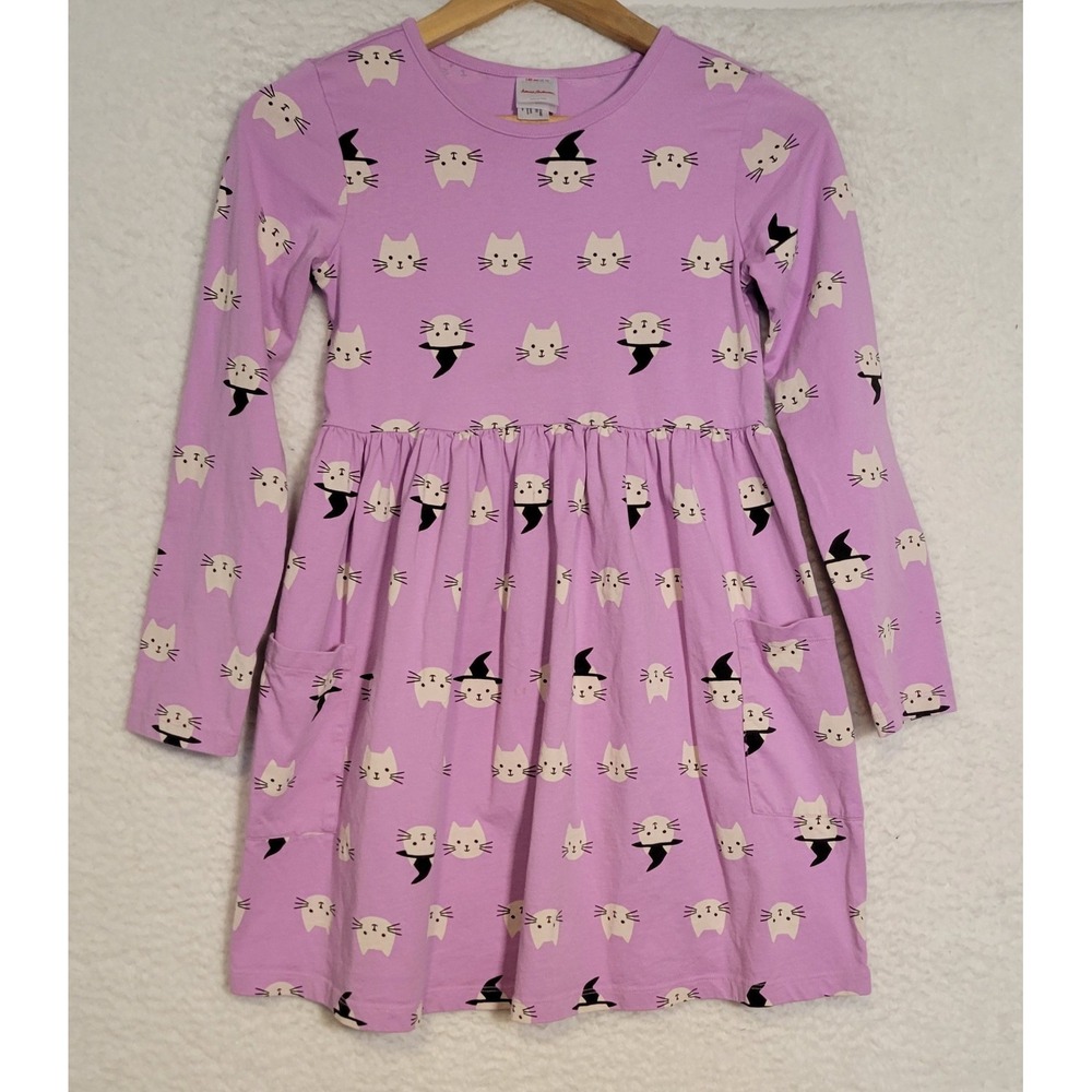 Hanna Andersson Girls Dress Size 140 (US 10) Cats Purple Long Sleeve 1287